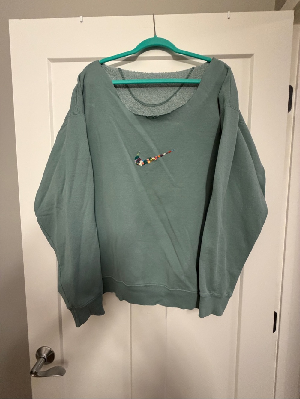 Nike Women's Sage Green Pullover Sweatshirt with Floral Swoosh
